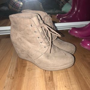 Tan suede lace up booties